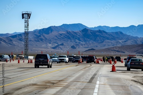 Area 51 Security Checkpoints, Where Vehicles And Personnel Undergo Rigorous Inspections Before Being Allowed Entry, Adding to The Sense of Secrecy And Intrigue, Generative AI (ID: 800809715)