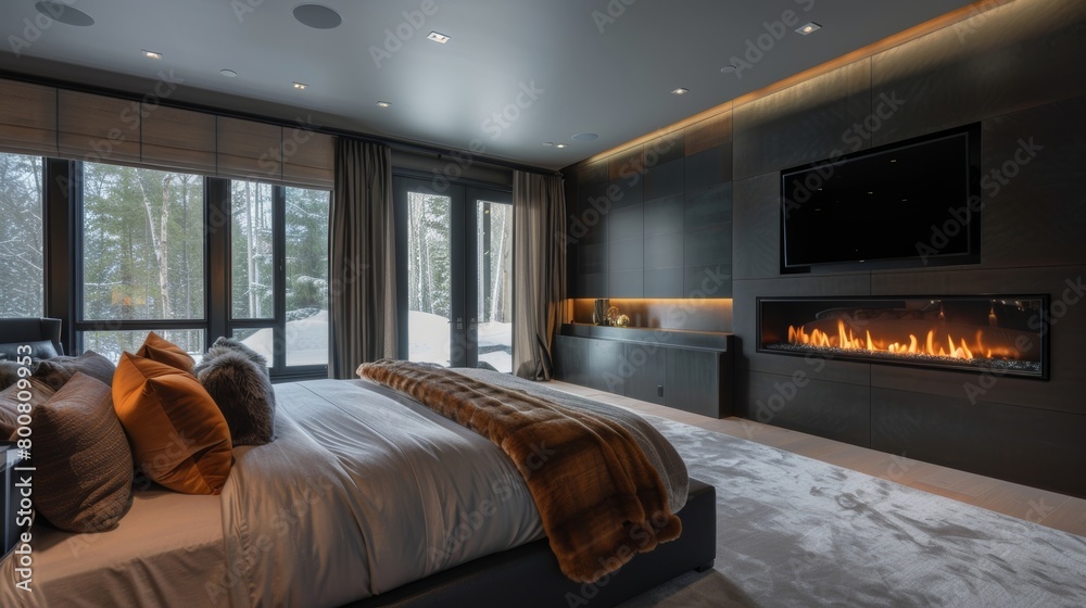 Naklejka premium The linear gas fireplace adds a touch of luxury and opulence to the master suite with its reflective glass lining and bold orange flames. 2d flat cartoon.