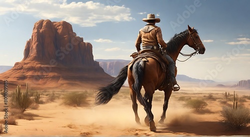 cowboy man riding a horse in the middle of the desert, dashing