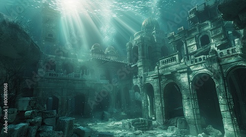 A mystical underwater realm  where ancient ruins lie hidden beneath the waves 