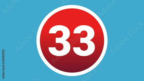 Number 33 sign symbol animation motion graphics icon on red sphere on blue background,cartoon video numbers for video elements