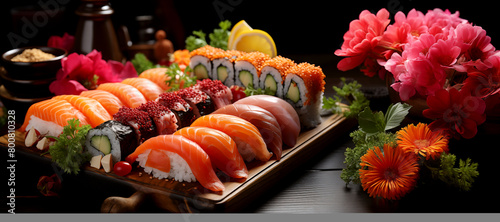 A tray of sushi with a variety of different types of sushi rolls