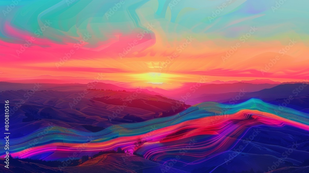 A colorful sunset over rolling hills enhanced with the addition of a digital glitch effect that creates a dynamic and eyecatching image.. A colorful sunset over rolling hills enhanced with the addition of a digital glitch effect that creates a dynamic and eyecatching image..