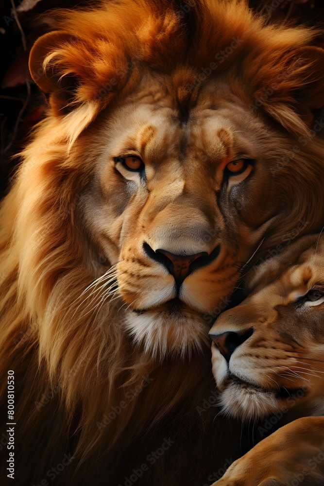 Fototapeta premium lion and a lioness cuddling