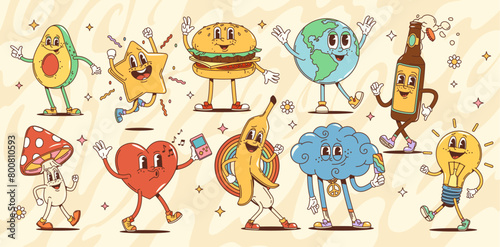 Cartoon groovy characters, mushroom and avocado, star and burger, globe and beer bottle, heart and banana, cloud and light bulb. Vector funky psychedelic personages in retro cartoon hippie 60s or 70s