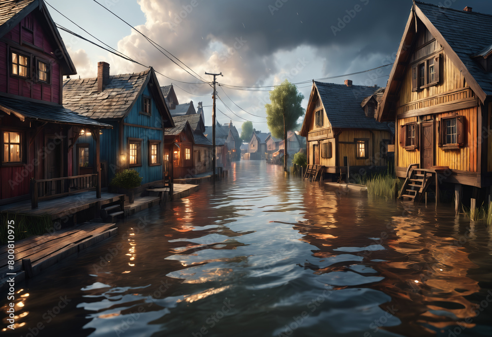 Fototapeta premium Flooded street in village. Generative AI