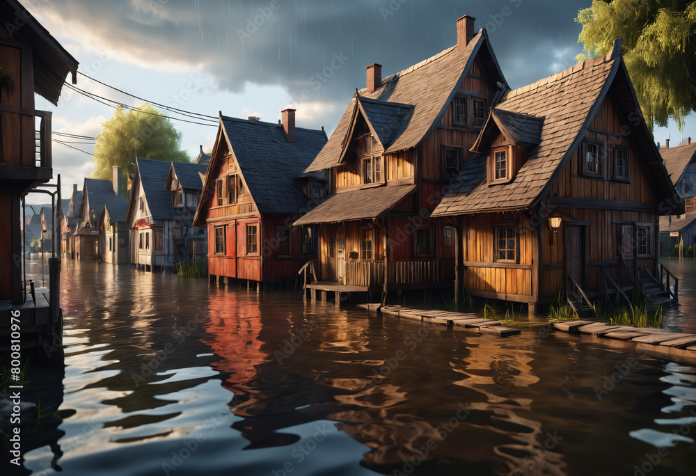 Fototapeta premium Flooded street in village. Generative AI