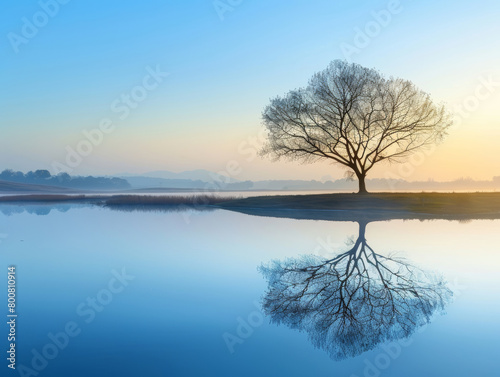 morning view of lonely tree with mirror reflection in the lake - ai © nelzajamal