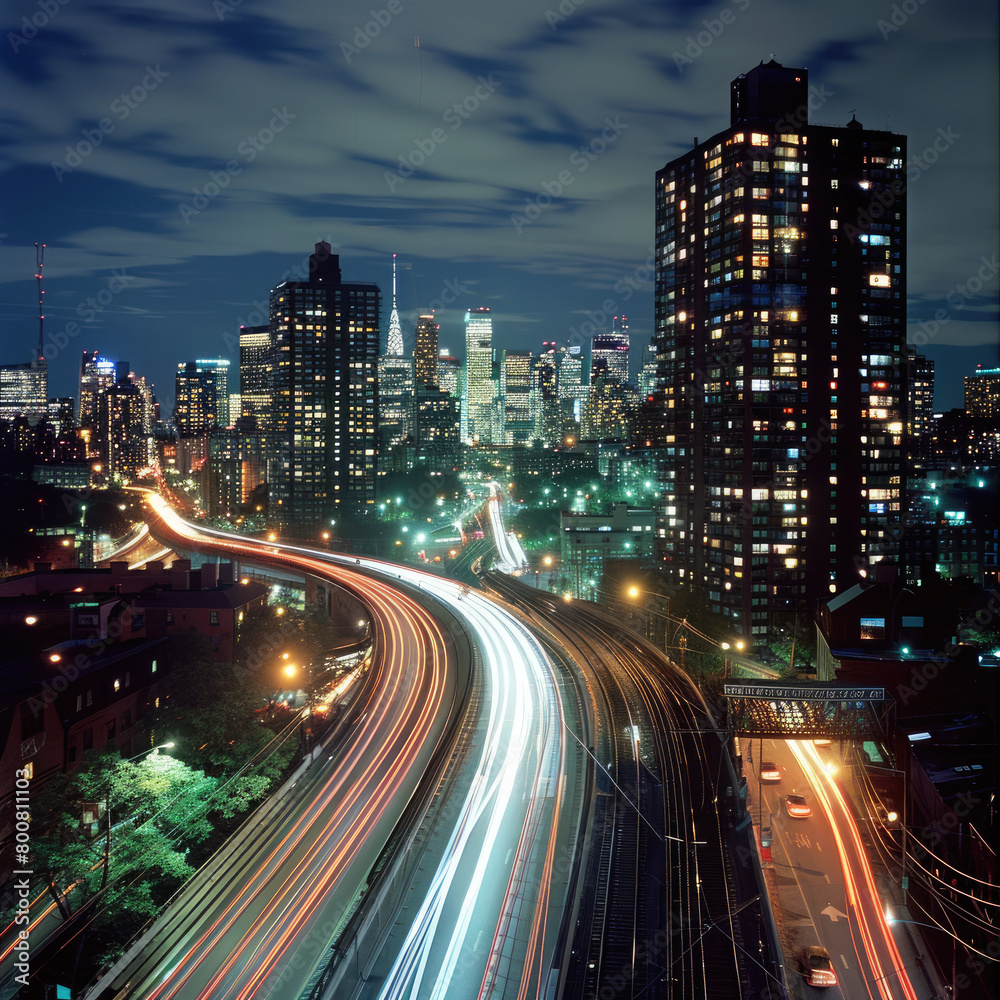 Cityscape at night, captured in long exposure, with light trails forming dynamic lines across the scene
