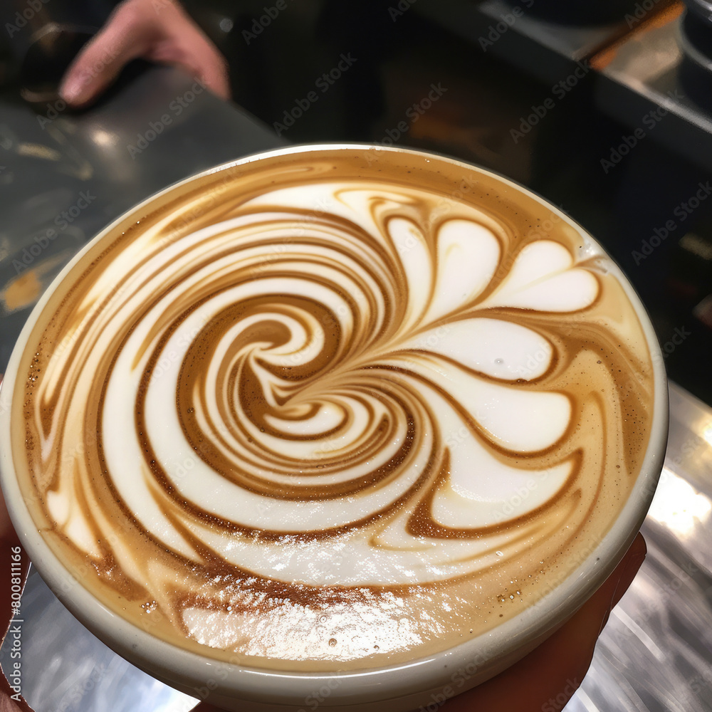 Art of a barista creating swirling patterns in a latte, the milk art forming intricate spirals in the coffee Art of a barista creating swirling patterns in a latte, the milk art forming intricate spirals in the coffee