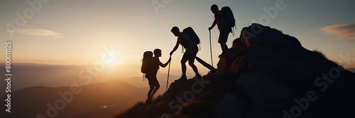 friends helping each other and with teamwork trying to reach the top of the mountains during wonderful summer sunset. © MDSAYDUL