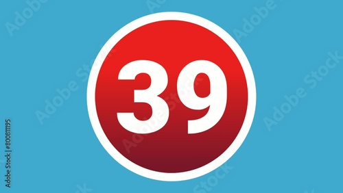 Number 39 sign symbol animation motion graphics icon on red sphere on blue background,cartoon video numbers for video elements