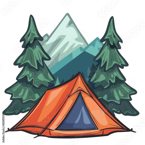 A colorful cartoon depiction of a campsite with a friendly-looking tent under a clear blue sky