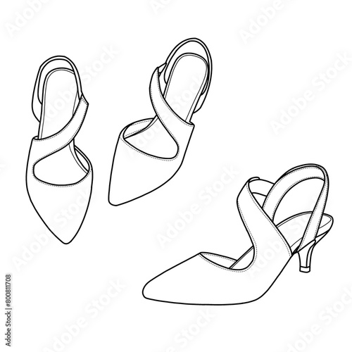 Hand-drawn women's shoes slingback sandals shoes and footwear line,  front, side, and top view isolated on a white background