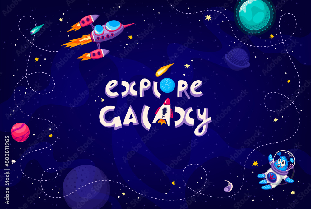 Cartoon galaxy space background with rocket path, stars and alien, vector poster. Outer space frame with rocket spaceship trail, planets and asteroids, comets and alien Martian spaceman in starry sky