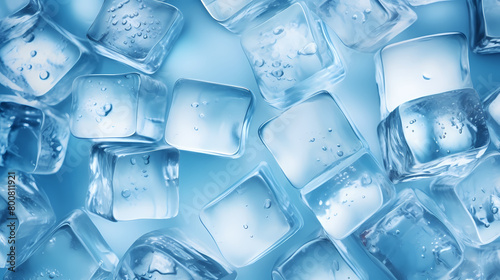 A pile of ice cubes on a blue background
