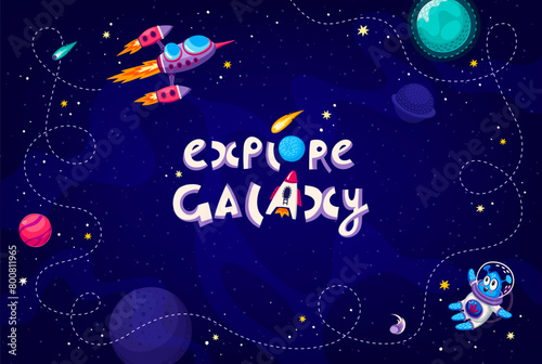 Cartoon galaxy space background with rocket path, stars and alien, vector poster. Outer space frame with rocket spaceship trail, planets and asteroids, comets and alien Martian spaceman in starry sky