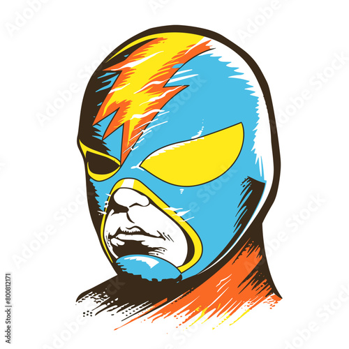 vibrant illustration of a person wearing a colorful mask adorned with lightning bolt designs