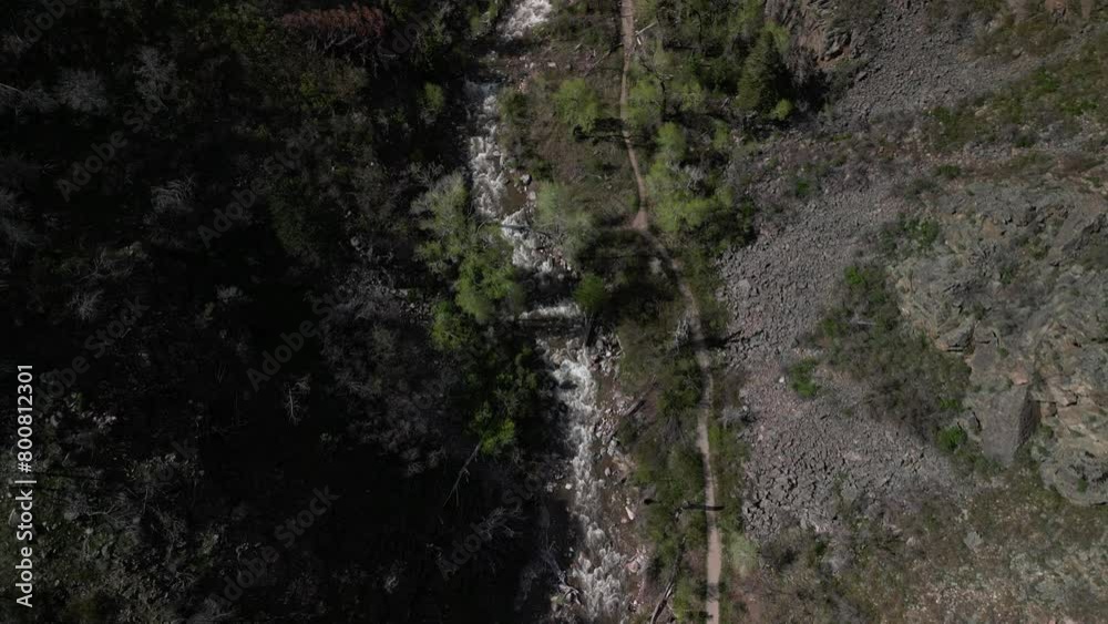 Aerial of creek and walking path in White River National forest in Glenwood Springs Colorado Aerial of creek and walking path in White River National forest in Glenwood Springs Colorado