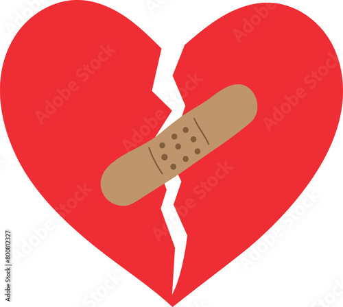  Broken Red Heart with Brown Plaster Vector Illustration