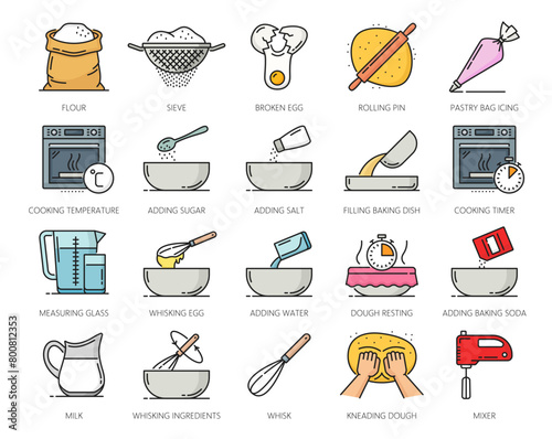 Color home bakery and pastry icons, cooking symbols of vector line food bake oven, flour and dough, kitchen tools and utensils. Eggs, spoon, bowl, whisk and mixer, sieve, rolling pin and pastry bag