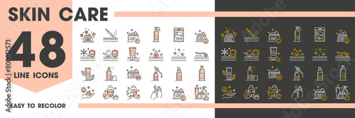 Face and hands skin care line icons, cosmetology and mesotherapy, vector symbols. Face skincare icons of cosmetic treatments, facial mask and cream or essence, peeling and moisturizer for hands