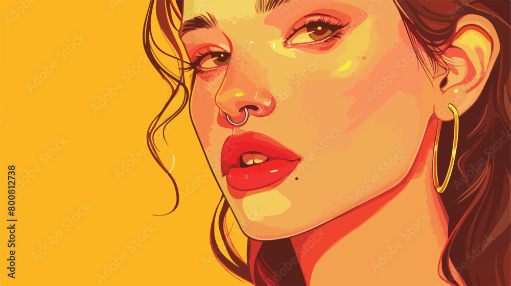 Stylish young woman with nose piercing on yellow background