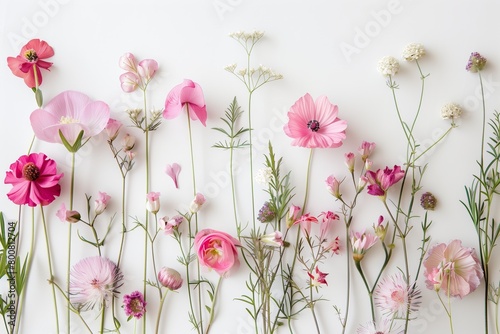 Assorted Pink Spring Flowers on White Background 