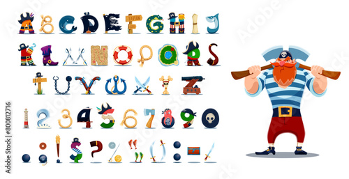 Cartoon pirate font, filibuster captain typeface or piracy type with corsair seaman, vector English alphabet. Pirates font ABC letters of marine anchor, pirate hat and cannon with filibuster sword
