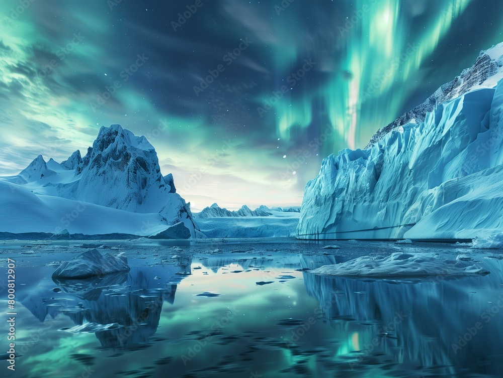 A breathtaking panoramic image of a glacier lagoon with majestic icebergs, all bathed in the vibrant colors of the aurora borealis.