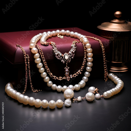 pearl necklace set,Luxury set white pearl necklace and jewelry with diamonds in ring and earrings on a black background with glossy reflection and blank template for your design or ,generate ai