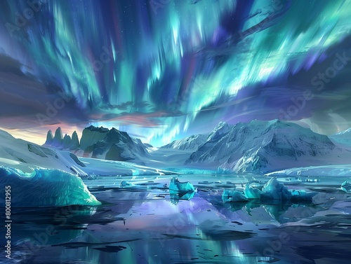 A breathtaking panoramic image of a glacier lagoon with majestic icebergs, all bathed in the vibrant colors of the aurora borealis.