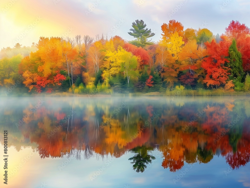 A breathtaking panoramic image of an autumn forest with a vibrant mix of red, orange, and yellow leaves, and a winding river flowing through the scene.