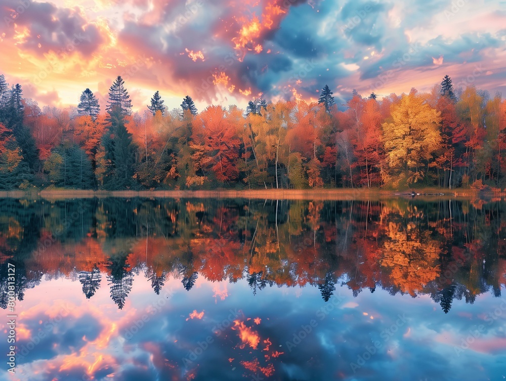 Obraz premium A breathtaking panoramic image of an autumn forest with a vibrant mix of red, orange, and yellow leaves, and a winding river flowing through the scene.