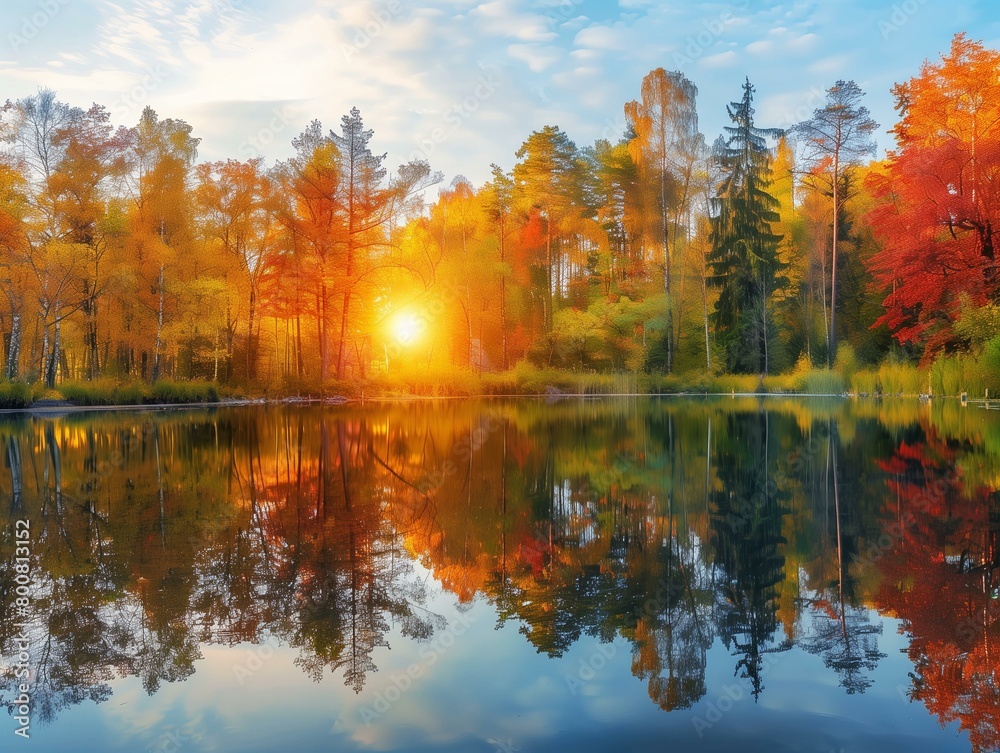 Obraz premium A breathtaking panoramic image of an autumn forest with a vibrant mix of red, orange, and yellow leaves, and a winding river flowing through the scene.