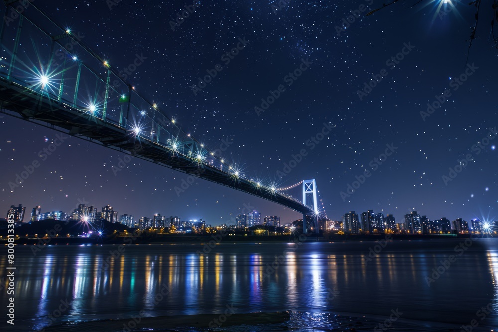Fototapeta premium Envision the tranquility of a starry night beneath the bridge, where the city's lights twinkle overhead and the gentle lull of the river sings, Generative AI