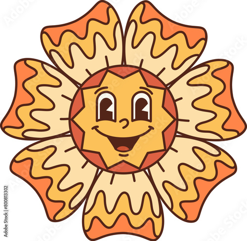 Groovy flower, cartoon retro funky face and happy smile, comic vector. Groovy hippie flower with psychedelic petals and freaky silly funny face, cartoon character of disco rave and hipster pop art