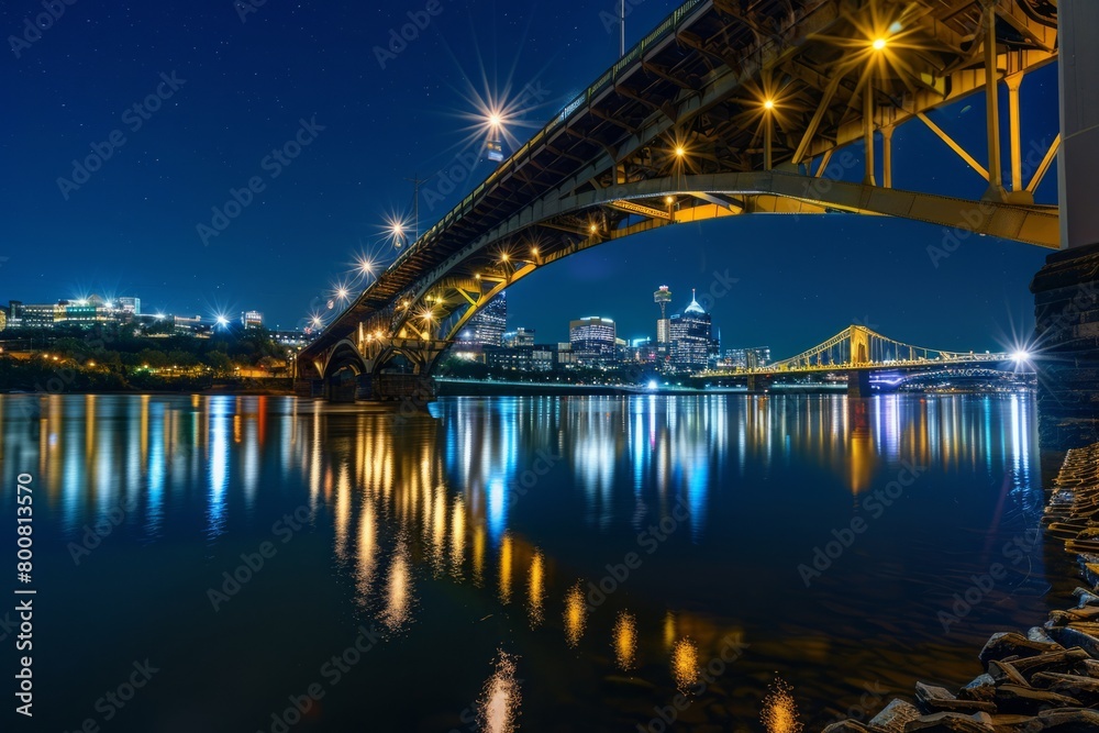 Naklejka premium Envision the tranquility of a starry night beneath the bridge, where the city's lights twinkle overhead and the gentle lull of the river sings, Generative AI
