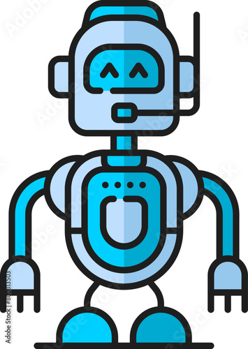 Retro droid, game humanoid robot, alien futuristic virtual bot thin line color icon. Robotic technology humanoid robot, future droid, helpdesk or call center virtual bot with microphone vector icon