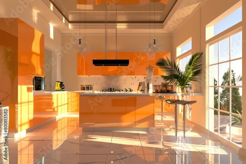 a modern kitchen with high ceilings and cabinets