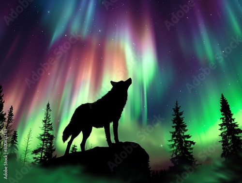 A mystical image of a lone wolf howling  silhouetted against a vibrant aurora borealis in the night sky.