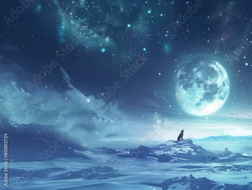 A photorealistic image of a lone wolf howling towards the full moon in a vast, snow-covered wilderness under a clear night sky filled with stars.