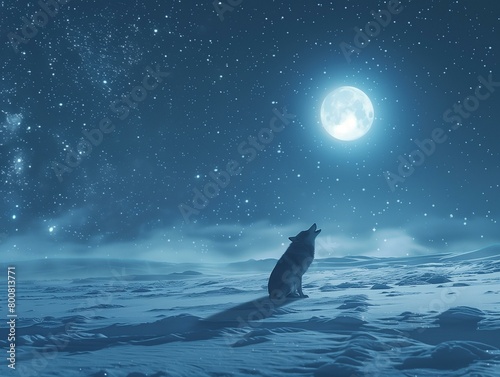 A photorealistic image of a lone wolf howling towards the full moon in a vast, snow-covered wilderness under a clear night sky filled with stars.