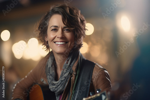 middle age female musician playing guitar