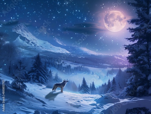 A photorealistic image of a lone wolf howling towards the full moon in a vast, snow-covered wilderness under a clear night sky filled with stars.