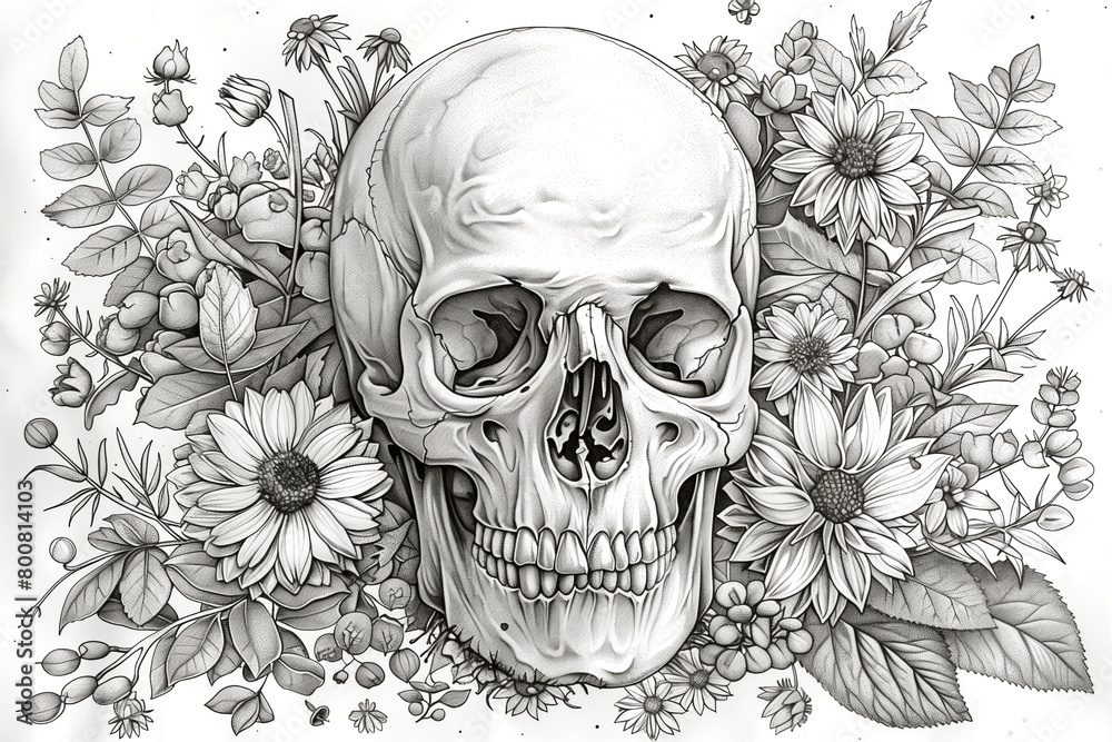 Fototapeta premium A skull is surrounded by flowers and leaves