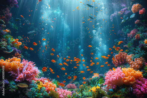 An underwater scene showcasing vibrant coral reefs and colorful fish  creating an enchanting oceanic backdrop for your product display. Created with Ai