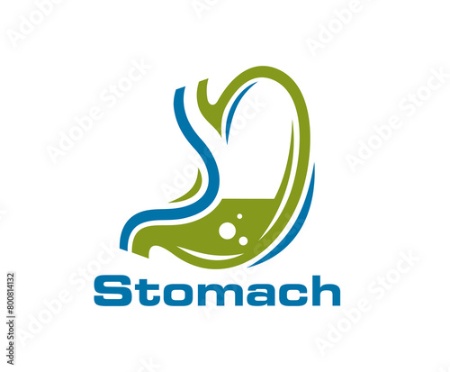 Stomach icon, isolated vector gastroenterology clinic and health care emblem of healthy human digestive system. Medical label of green belly with acid bubbles, internal gut or colon cure and wellbeing