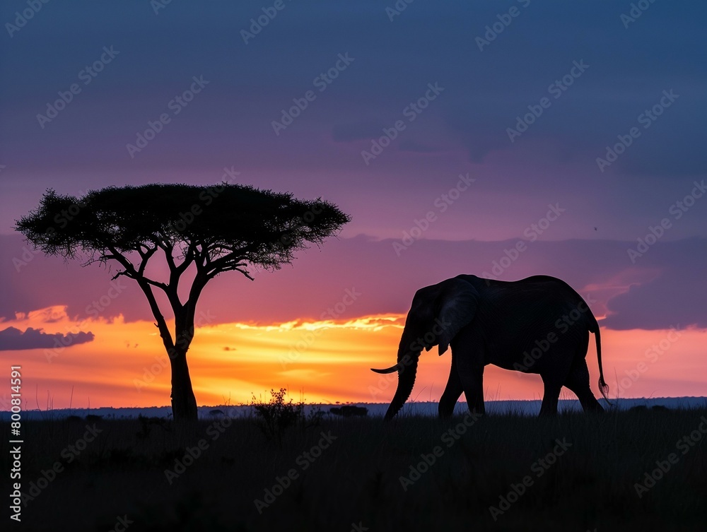 Fototapeta premium A breathtaking image of a large herd of elephants walking across the savanna at sunset, with a vibrant orange sky in the background.