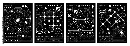 Brutal Y2K posters with abstract geometric shapes, vector cover templates. Y2K poster backgrounds with retro or modern brutal geometric elements, minimalistic line figures and futuristic shapes
